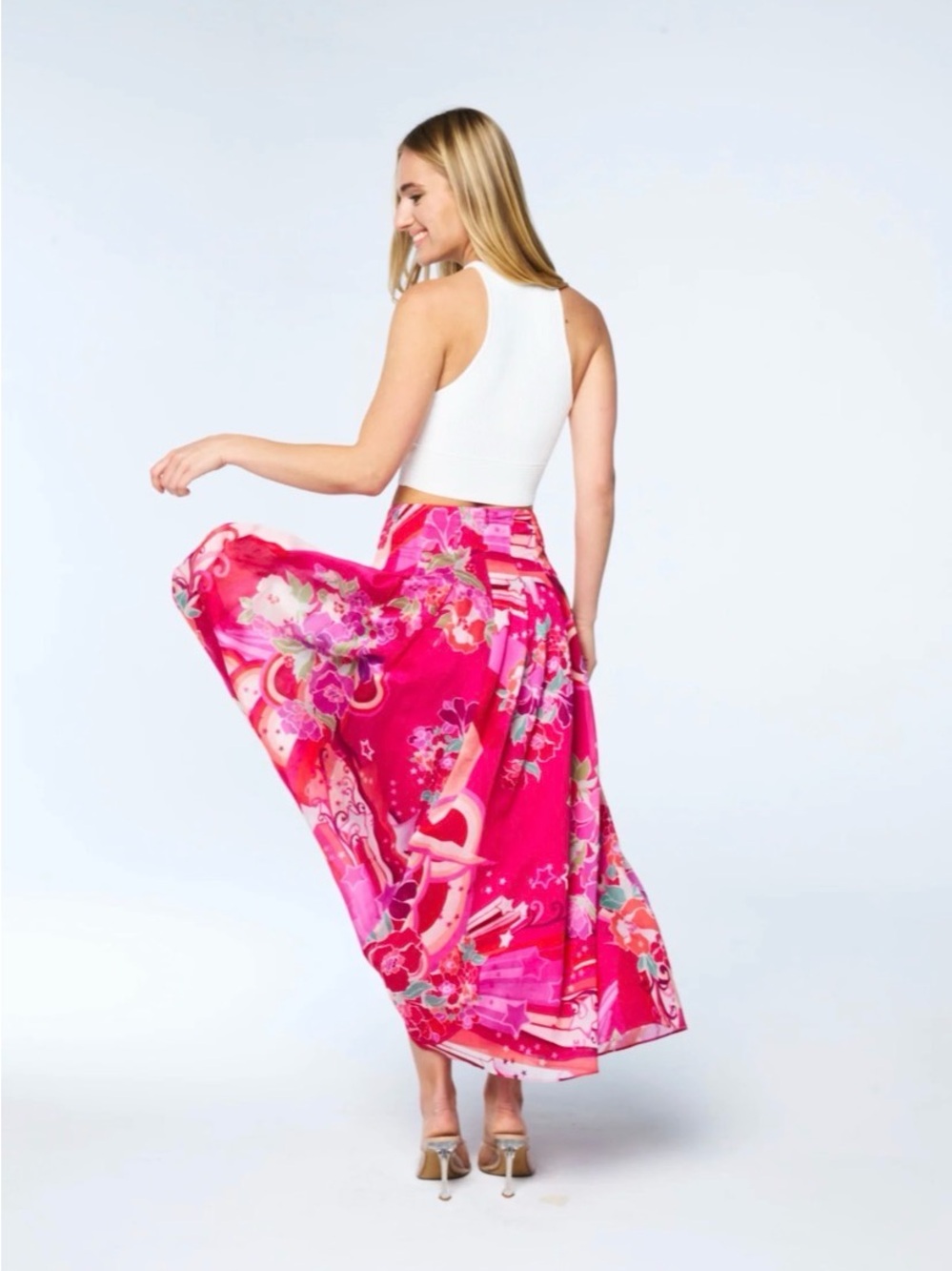 Ciebon pleated Phoebe Vibrant Hot Pink Floral Midi Skirt with pockets